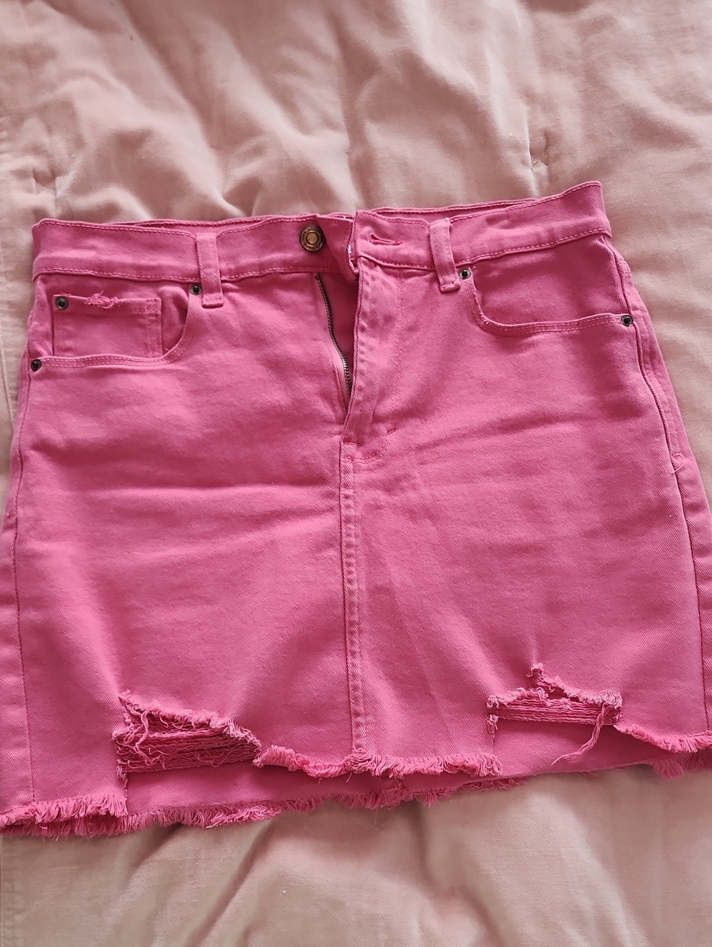 Kensie Pink Distressed Denim Mini Skirt
